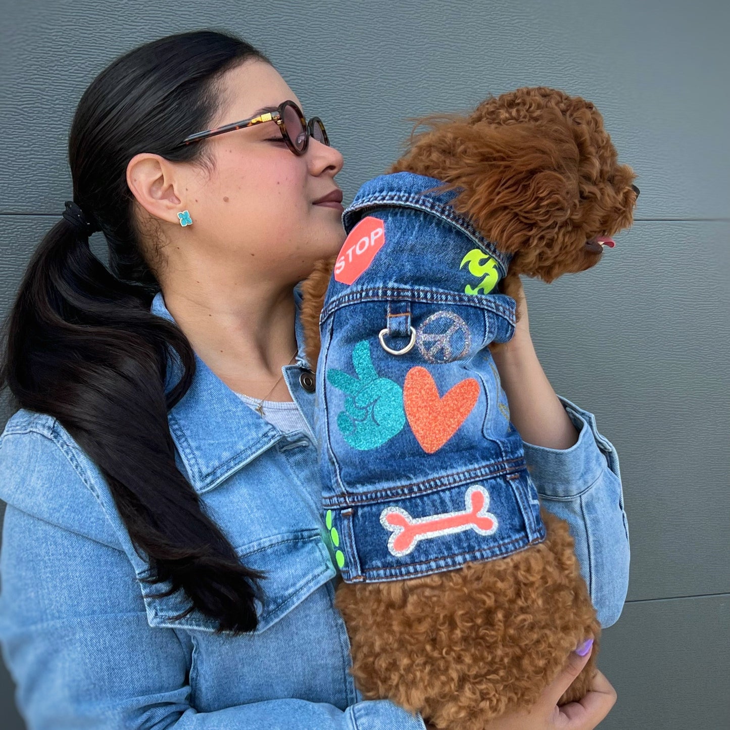 Handmade Denim Jacket Dog Harness – Peace & Love Boy Edition sizes S to L