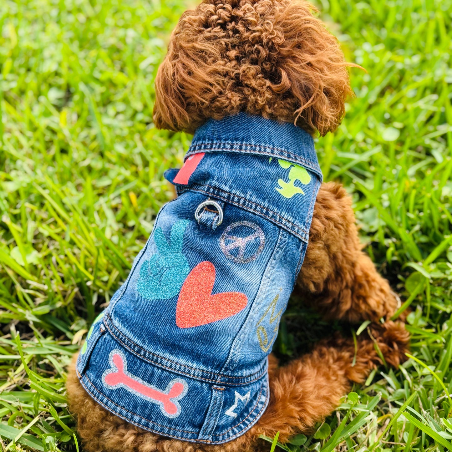 Handmade Denim Jacket Dog Harness – Peace & Love Boy Edition sizes S to L