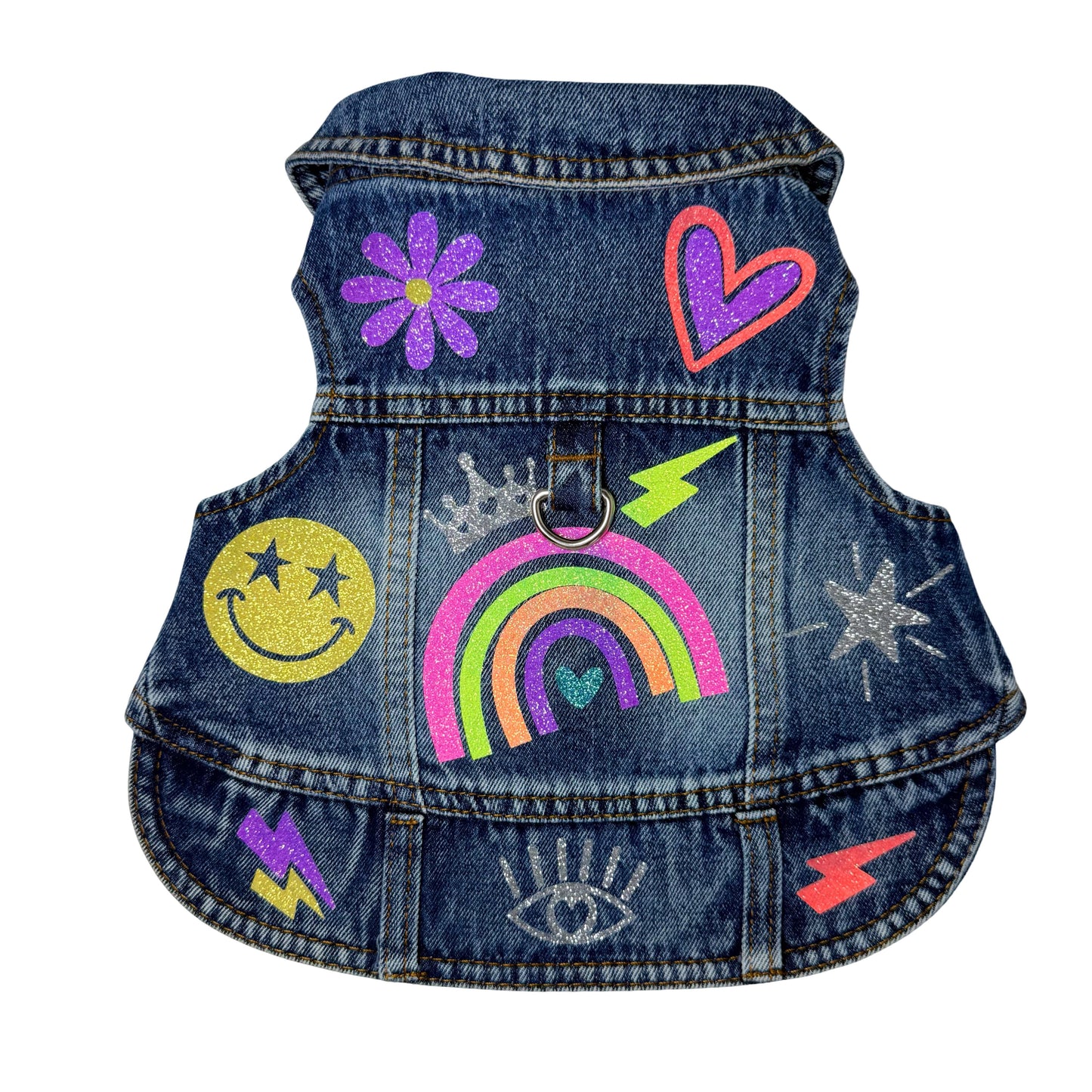 Neon Rainbow Denim Jacket-Style Dog Harness