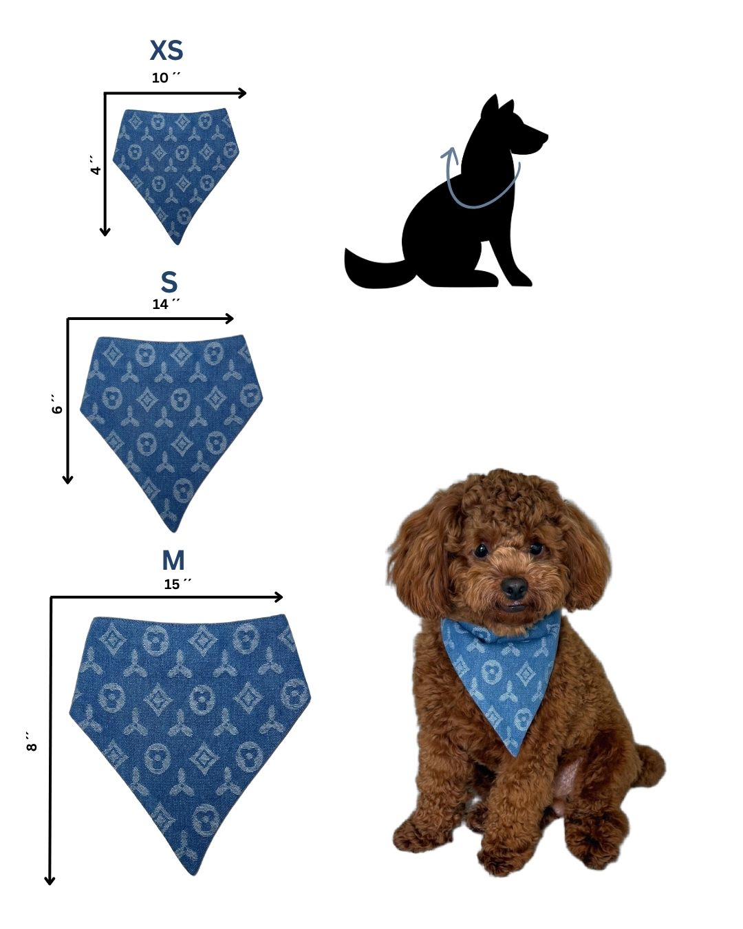 Poodle dog wearing a reversible denim bandana, size M, in medium blue denim.
