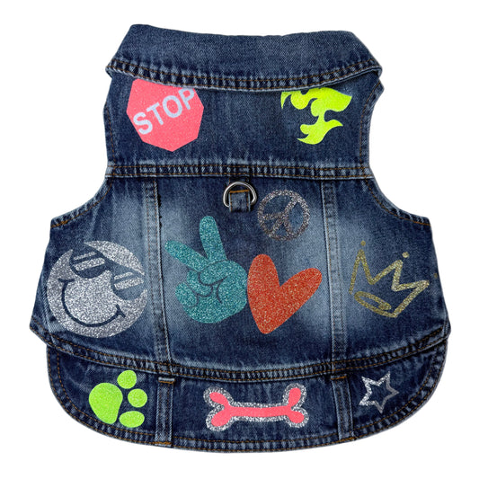 Handmade Denim Jacket Dog Harness – Peace & Love Boy Edition sizes S to L