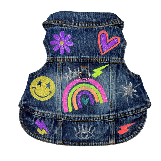 Neon Rainbow Denim Jacket-Style Dog Harness