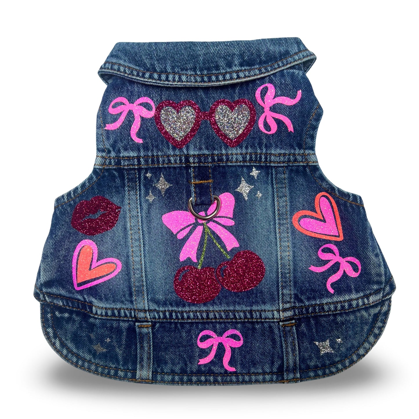Handmade Dog Harness – Cherry Denim Jacket Style