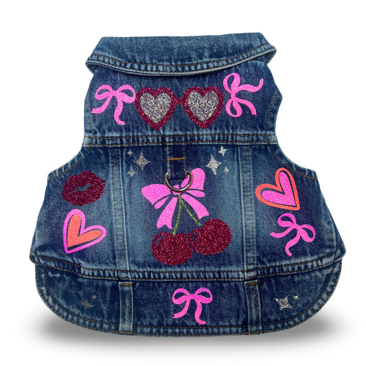Handmade Dog Harness – Cherry Denim Jacket Style