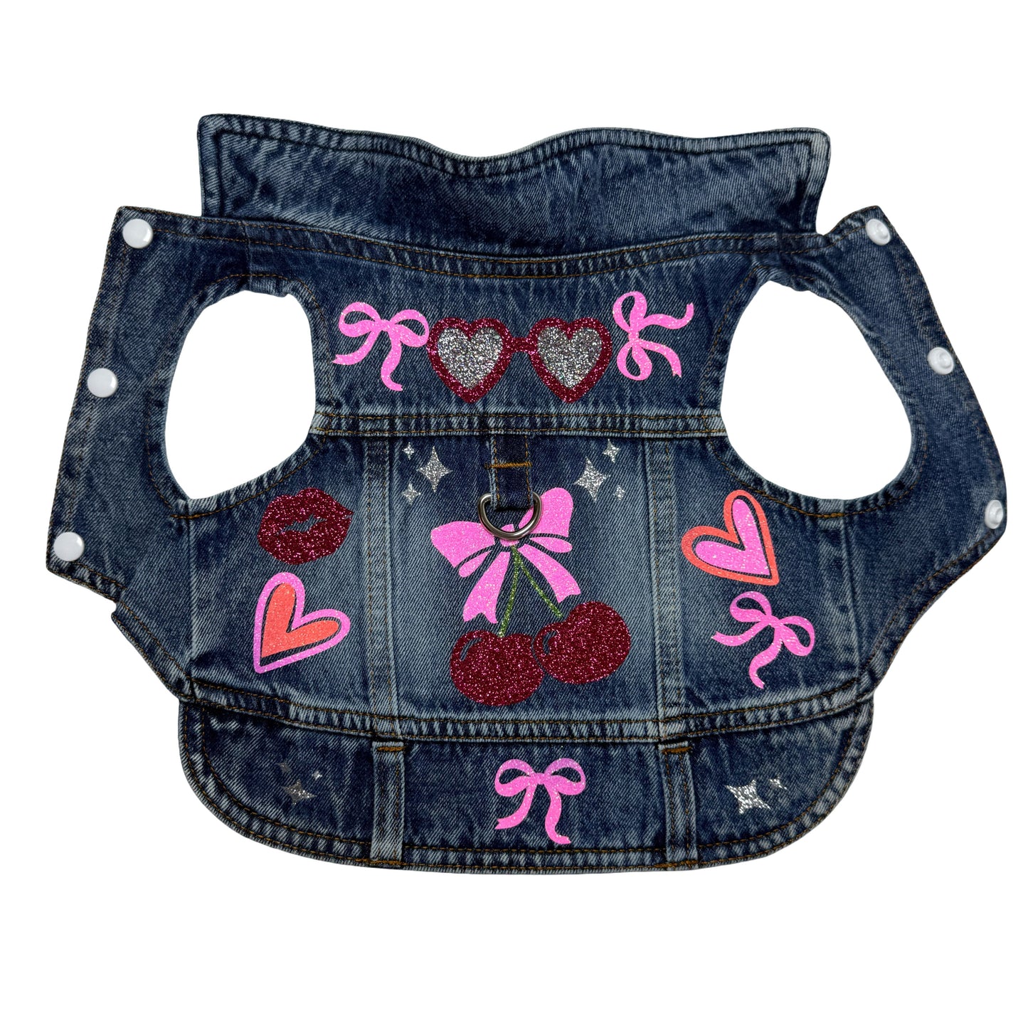 Handmade Dog Harness – Cherry Denim Jacket Style