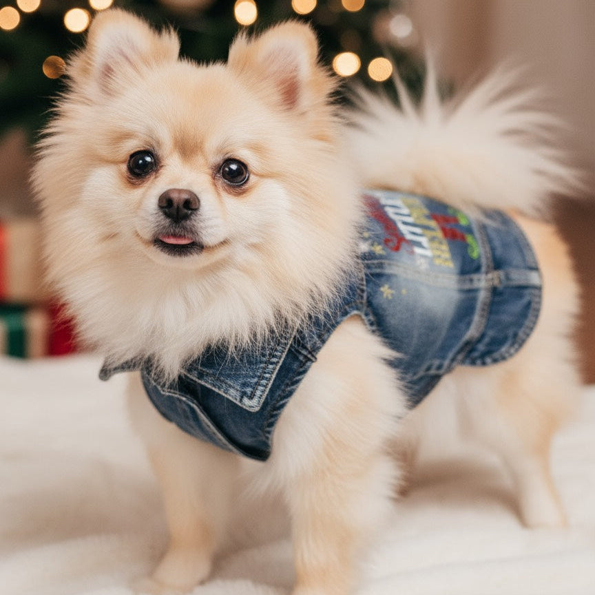 Chihuahua wearing a handmade Christmas outfit.