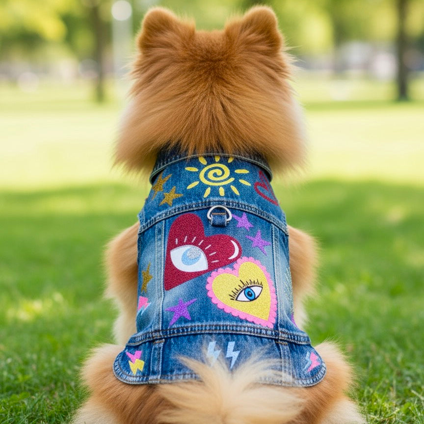 Brown Pomeranian wearing a colorful denim jacket, featuring a unique style and comfortable fit