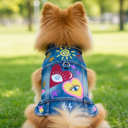 Brown Pomeranian wearing a colorful denim jacket, featuring a unique style and comfortable fit