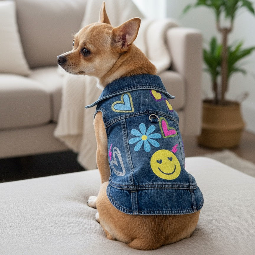 Small Chihuahua wearing a colorful denim harness, highlighting the vibrant design