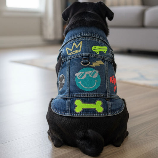 Black Pug wearing a colorful denim jacket-style harness, showing the vibrant design and comfortable fit.