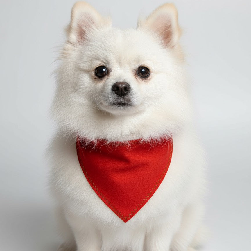 Stylish orange bandana for small dogs, shown on a white Pomeranian