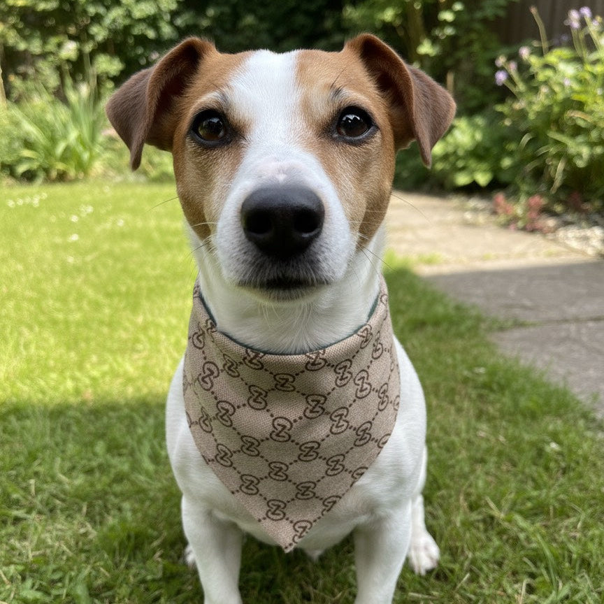 Medium brown designer-style monogram bandana for dogs, shown on a Jack Russell